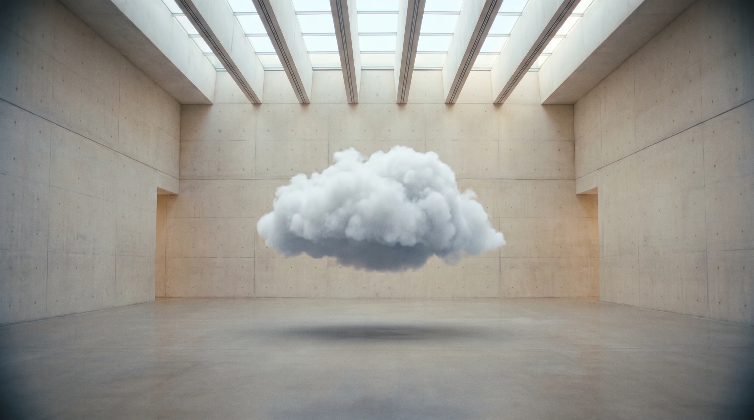 A single white cloud resting inside a bare concrete hall.