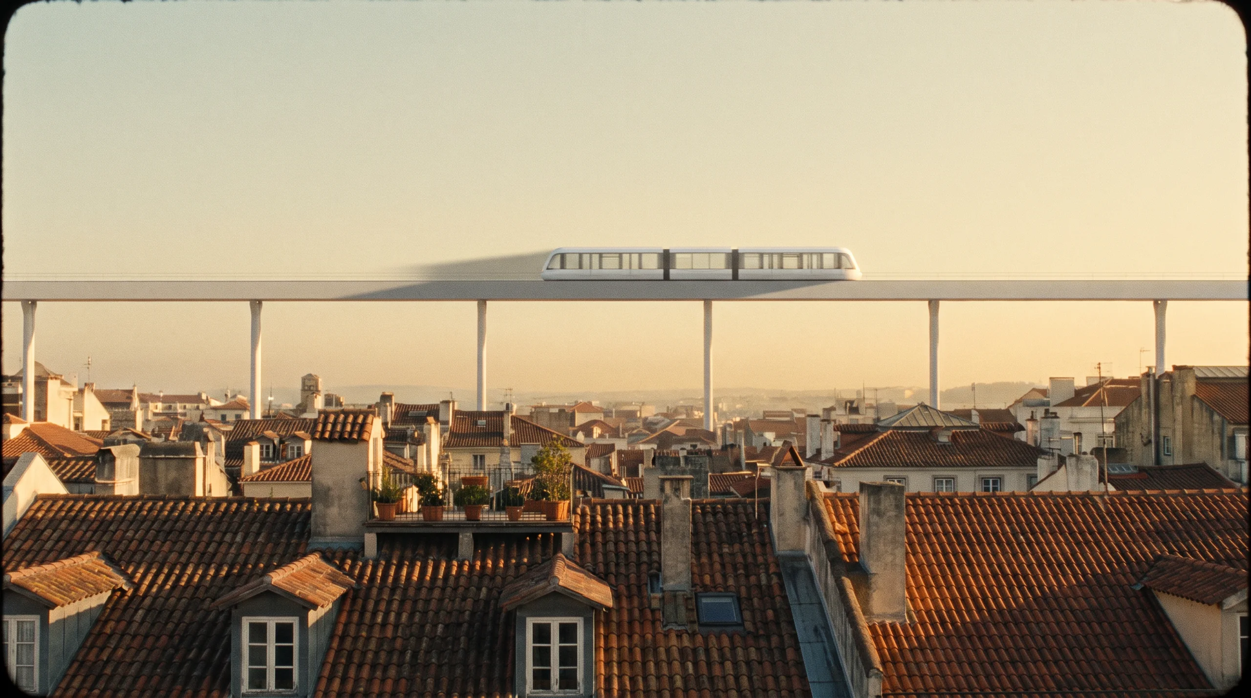 An elevated train crossing above the tiled rooftops of an old city in the morning light.