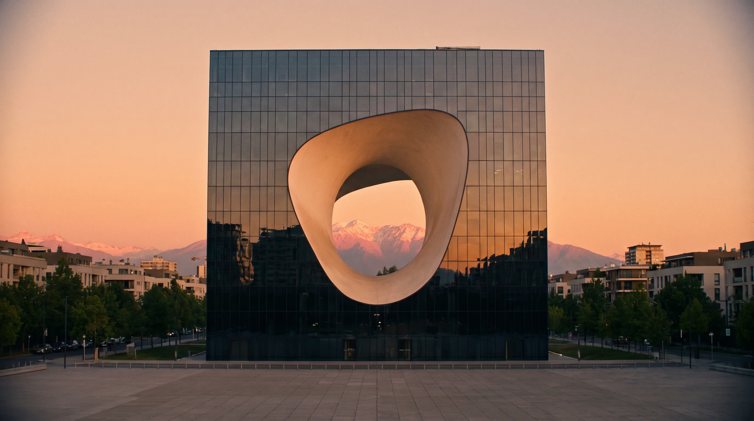 A dark glass building with a large rounded opening cut through it, snow-capped mountains showing through at sunset.