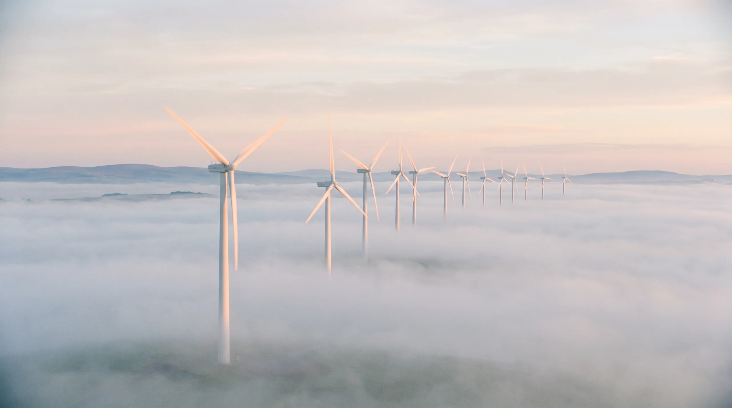 A row of wind turbines standing above a sea of fog at first light.